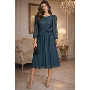 In The Mood Lace Dress Women 12 Teal 80s Vintage Evening Romantic Occasion Retro